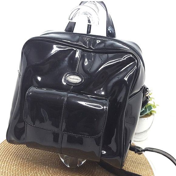 Toledano🖤Square Shape Backpack Bag Black Faux Patent Leathe - Picture 7 of 12